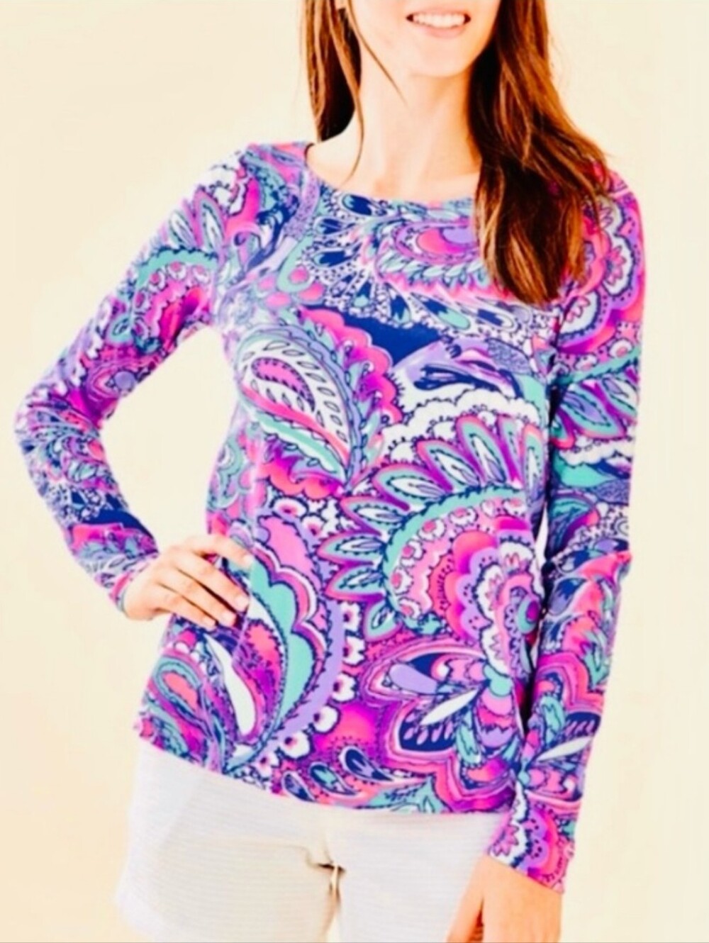 Lilly Pulitzer Women's Pink Blue Purple Paisley Keyhole Tristan Long Sleeve Top
